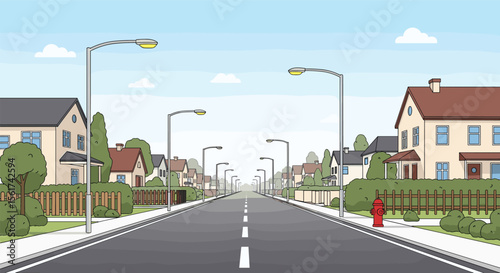 An Animated Perspective of a Quiet Suburban Street Lined with Houses and Trees Under a Blue Sky with Clouds