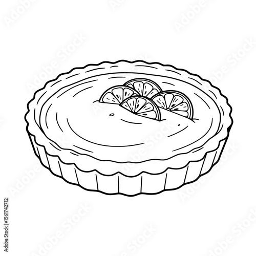 Lemon Tart Illustration: A classic lemon tart, artistically rendered in line art, with a light filling and lemon slices topping, offering a visually appealing image for culinary projects.