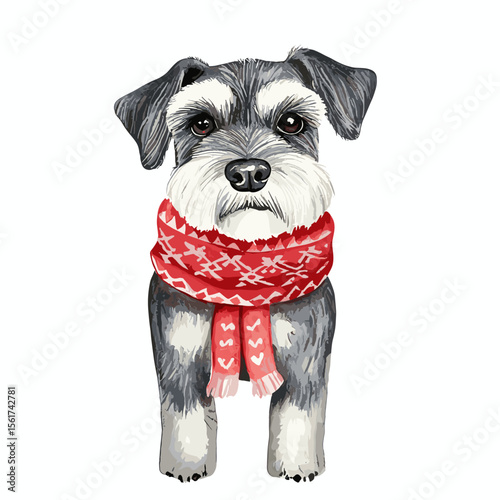 Dog wearing a red scarf in winter portrait illustration  