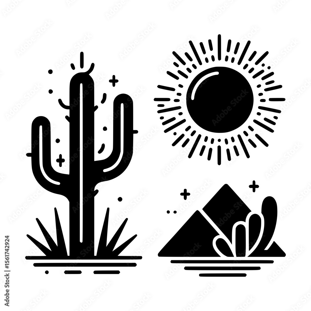 Fototapeta premium Stylized black and white desert landscape with cactus sun and pyramid icons