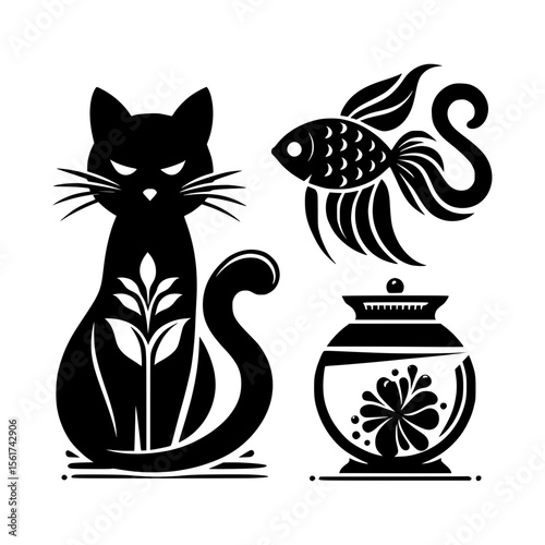 Stylized black cat fish and aquarium icons representing pets and home