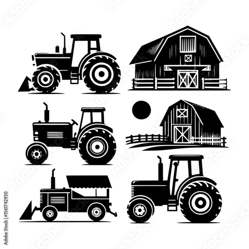 Collection of black silhouette farm tractors and barns with fences and sun