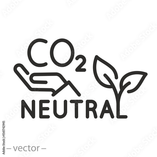 hand with CO2 icon, eco clean stamp, leaves and co2 neutral, eco-friendly concept, free carbon emissions, green future, thin line symbol on white background - editable stroke vector illustration eps10