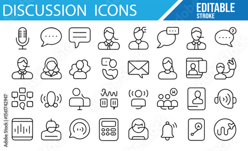 Set of discussion and communication icons, including phone calls, messages, and meetings.

