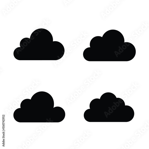 Dark Storm Clouds:  Four Simple Weather Icons, Minimalist Black and White, Graphic Design Elements for Meteorology App or Website.