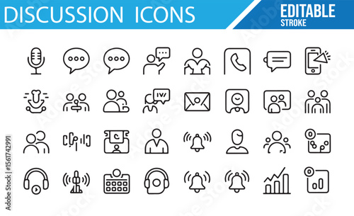 Icons for communication systems, discussions, and team interactions in vector format.