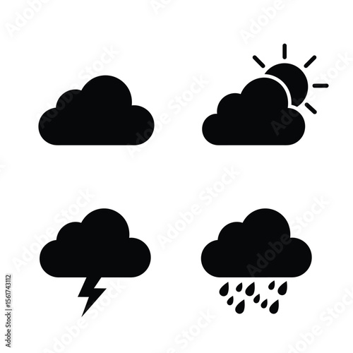 Dark Storm Clouds:  Four Simple Weather Icons, Minimalist Black and White, Graphic Design Elements for Meteorology App or Website.