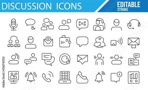 Editable vector icons for discussions, chats, meetings, and phone calls.