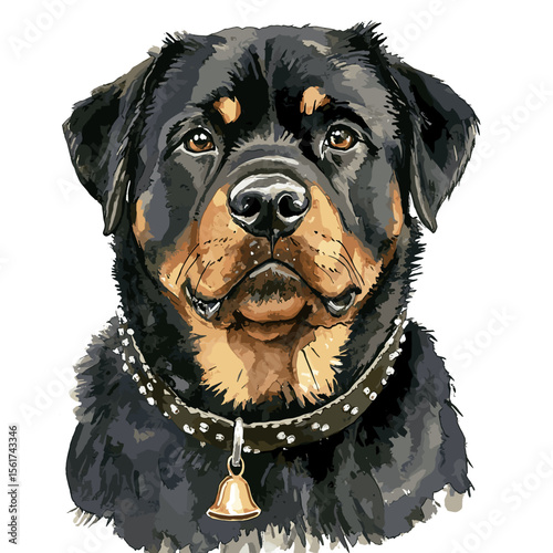 Rottweiler dog portrait with collar and bell looking at the viewer  