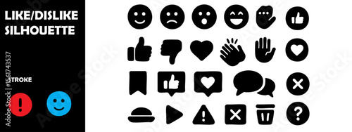 Like and Dislike Icons Silhouette Vector Set – Social Approval, Feedback, and User Opinion Symbols