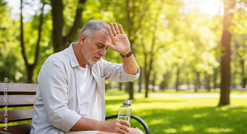 Fototapeta Naklejka Na Ścianę i Meble -  Senior man suffering from heat exhaustion on a park bench, holding a water bottle. Feeling dizzy and tired on a hot summer day. Health risks for the elderly, banner with copy space.