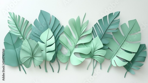 arrangement of tropical leaves in pastel green tones, displayed on a clean white background with subtle shadows