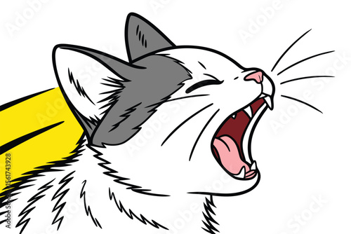 Whimsical illustration of a cat stretching its mouth wide open in a slow motion yawn