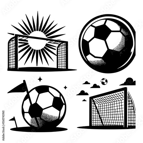 Collection of stylized soccer balls and goal nets with sun and clouds