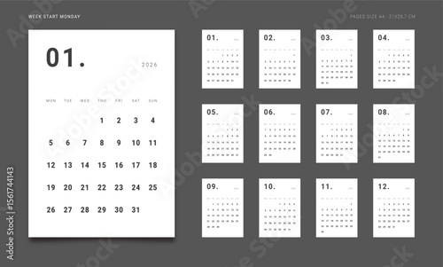 2026 Calendar Planner Set of new Template 12 Monthly Page for Corporate or Personal use. Vector vertical minimal layout of wall or desk organizer with week start Monday for print. Page size A4-21x29.7