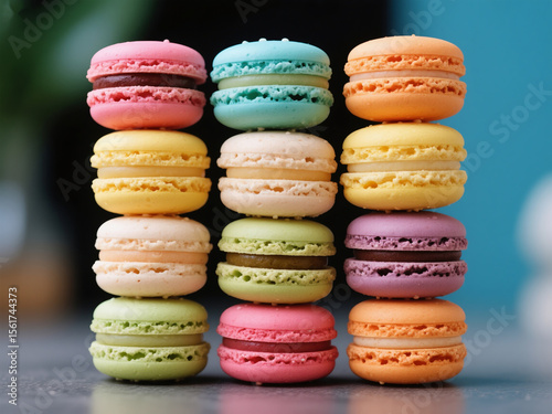 A visually appealing image of colorful French macarons stacked in neat columns against a soft blue background. The vibrant pastel colors and detailed textures of these sweet desserts make this photo