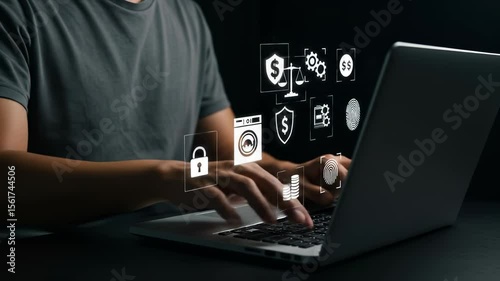  Online Security: Man Typing on Laptop with Security Icons - Data Protection, Cyber Security, Digital Safety