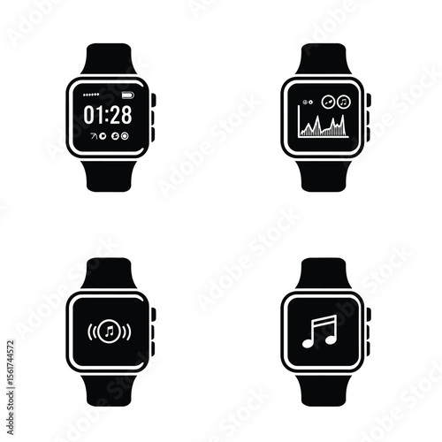 Modern Smartwatch App Icons: Fitness, Music, Time, and Heart Rate Monitoring in Monochrome Minimalist Style
