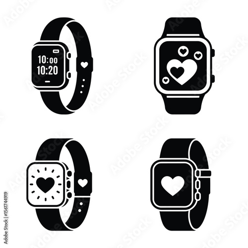 Modern Smartwatch App Icons: Fitness, Music, Time, and Heart Rate Monitoring in Monochrome Minimalist Style