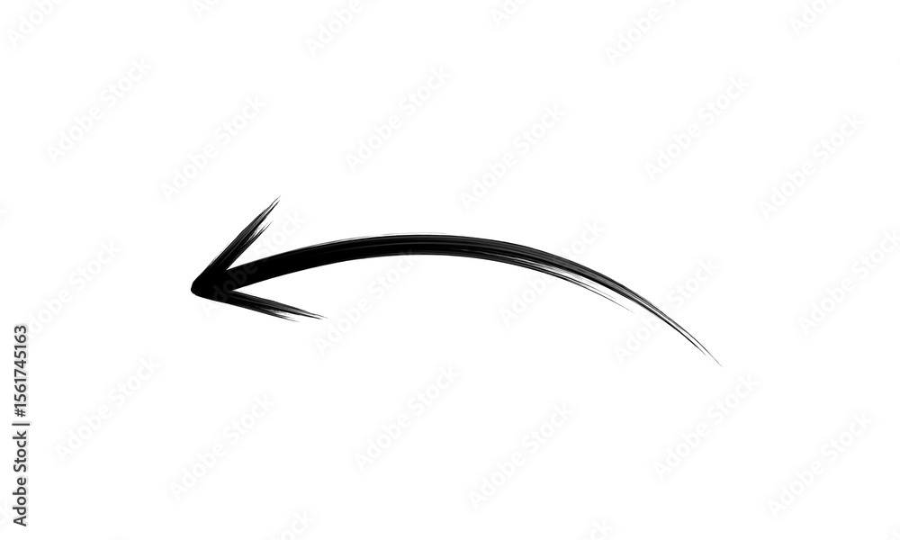Obraz premium Hand-Drawn Curved Arrow Brush Stroke Icon. Left Pointing Black Ink Arrow. 2025 Ink Style. Abstract Brush Direction Symbol for Presentations, UI/UX, and Social Media. PNG Graphic.
