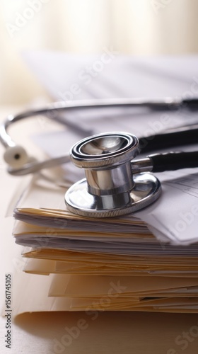 Healthcare stethoscope resting on paper folders and medical files in warm soft daylight perfect for hospital administration visuals, diagnostic systems and medical office branding