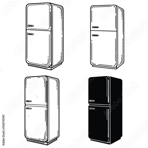 Retro Refrigerator Icons: Minimalist Black and White Illustrations, Appliance Set, Kitchen Design Elements