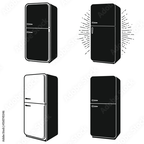 Retro Refrigerator Icons: Minimalist Black and White Illustrations, Appliance Set, Kitchen Design Elements