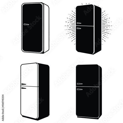 Retro Refrigerator Icons: Minimalist Black and White Illustrations, Appliance Set, Kitchen Design Elements