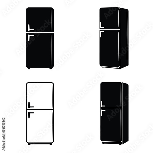 Retro Refrigerator Icons: Minimalist Black and White Illustrations, Appliance Set, Kitchen Design Elements