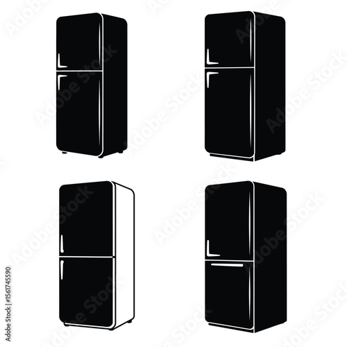 Retro Refrigerator Icons: Minimalist Black and White Illustrations, Appliance Set, Kitchen Design Elements