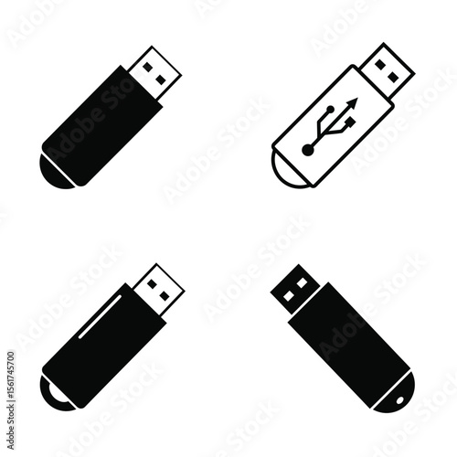 Sleek Black and White USB Flash Drive Icons:  Four Variations, Isolated on White Background, Minimalist Design.