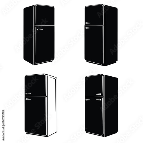 Retro Refrigerator Icons: Minimalist Black and White Illustrations, Appliance Set, Kitchen Design Elements