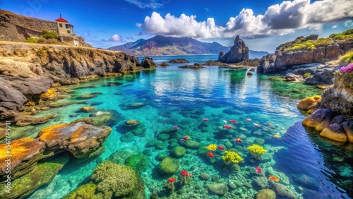 Turquoise waters meet limestone cliffs at Tenerife's south coast with sea anemones and colourful fish in rock pools under blue summer sky, rocky shores, island of tenerife
