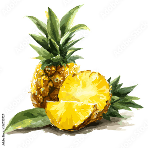 Fresh pineapple with slices and green leaves on white background  