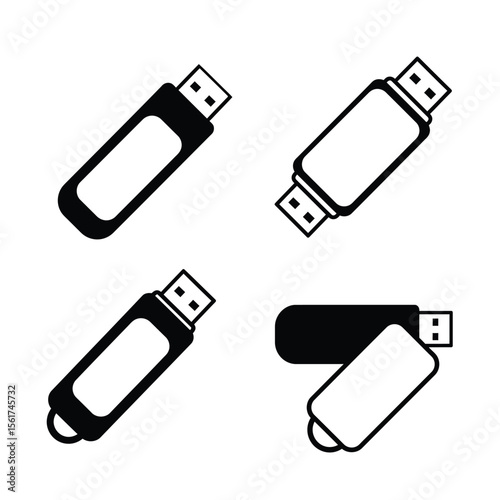 Sleek Black and White USB Flash Drive Icons:  Four Variations, Isolated on White Background, Minimalist Design.