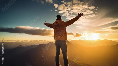 Silhouette of anonymous person on mountain peak looking at sunset landscape with arms outstretched enjoying the scenic panorama