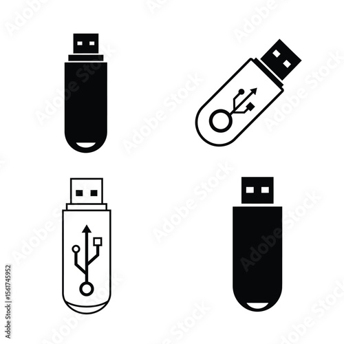 Sleek Black and White USB Flash Drive Icons:  Four Variations, Isolated on White Background, Minimalist Design.