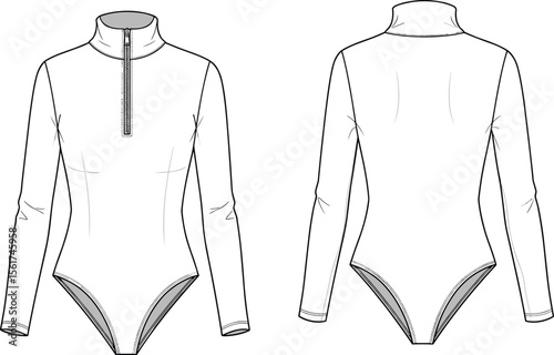 Long sleeve bodysuit technical flat, fashion CAD drawing vector, zipper front bodysuit sketch, garment design, high neck fashion illustration