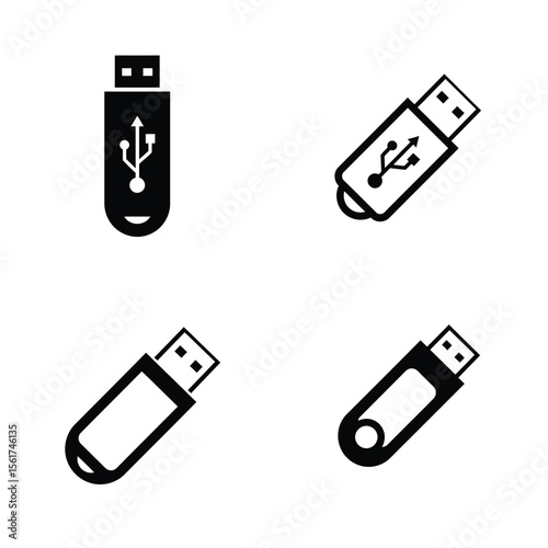 Sleek Black and White USB Flash Drive Icons:  Four Variations, Isolated on White Background, Minimalist Design.