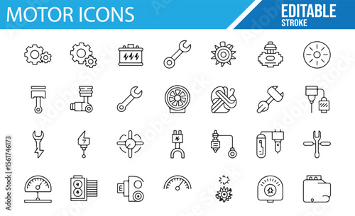 Editable vector icons for machine parts, motor components, and mechanical systems.

