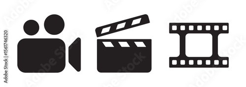 Black Filmmaking Icons Video Camera Clapperboard Film Reel Simple Graphic Design