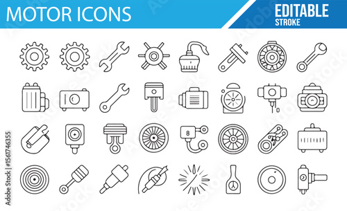 Editable icons for automotive, engine, and machinery repair parts in vector style.

