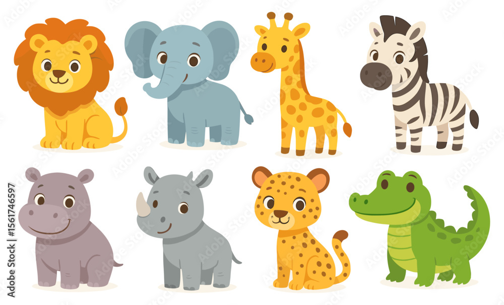 Naklejka premium Set of cartoon wild animals including lion, elephant, giraffe, zebra, hippopotamus, rhinoceros, leopard, and crocodile. Cute stylized vector illustration of jungle and savanna animals