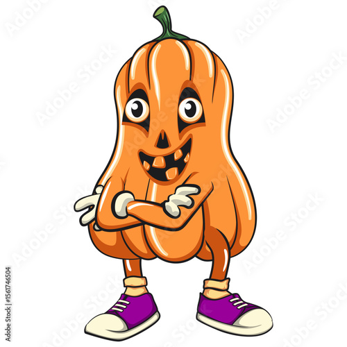 funny halloween pumpkin mascot folding his arms calmly, vector cartoon illustration isolated on transparent background, work of hand drawn