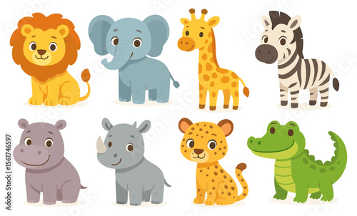Set of cartoon wild animals including lion, elephant, giraffe, zebra, hippopotamus, rhinoceros, leopard, and crocodile. Cute stylized vector illustration of jungle and savanna animals