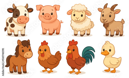 Set of cartoon farm animals including cow, pig, sheep, goat, horse, hen, rooster, and duck. Cute stylized vector illustration of domestic animals
