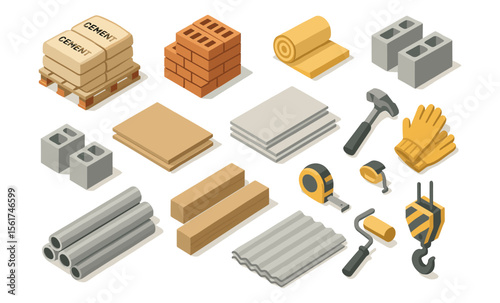 Building materials and tools isolated on white background.