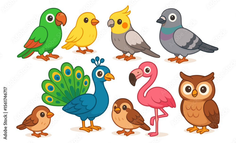 Fototapeta premium Set of cartoon birds including parrot, canary, cockatiel, pigeon, peacock, flamingo, sparrow, and owl. Cute stylized vector illustration of various bird species