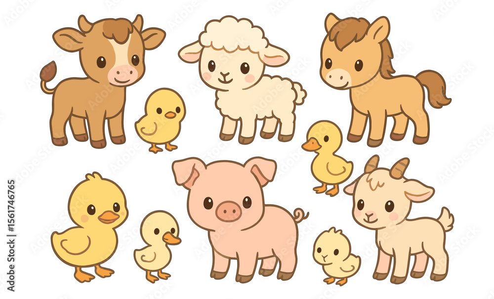 Fototapeta premium Set of cartoon baby farm animals including calf, lamb, chick, piglet, foal, duckling, and kid goat. Cute stylized vector illustration of young domestic animals