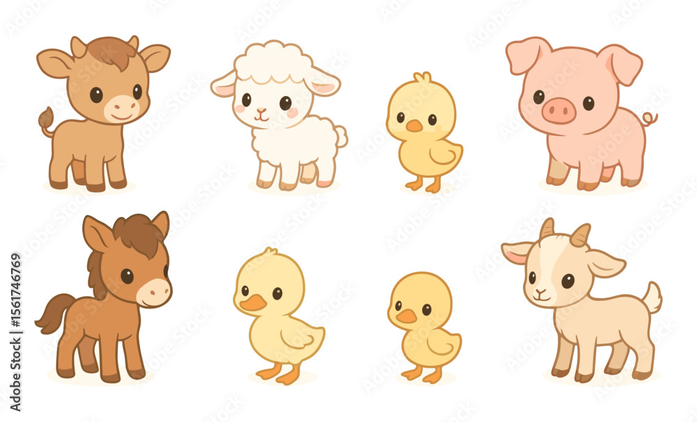 Fototapeta premium Set of cartoon baby farm animals including calf, lamb, chick, piglet, foal, duckling, and kid goat. Cute stylized vector illustration of young domestic animals